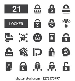 locker icon set. Collection of 21 filled locker icons included Unlock, Padlock, Lock, Unlocked, Locker, Padlocks, Locked