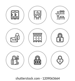 Locker icon set. collection of 9 outline locker icons with dressing room, lock, locked, locker, lockers icons. editable icons.