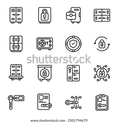 Locker icon set. Includes business, changing room, furniture, lock, safe locker, and More. Outline icons vector collection.