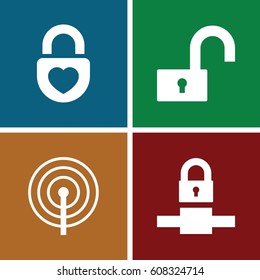 Locker icons set. set of 4 locker filled icons such as heart lock
