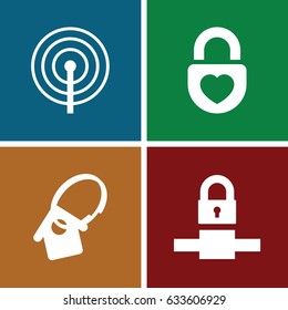 Locker icons set. set of 4 locker filled icons such as heart lock, home key tag
