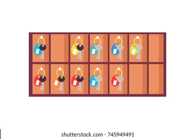 Locker with keys for rooms with colorful trinkets hanged on hooks. Vector illustration of hotel locker isolated on white background