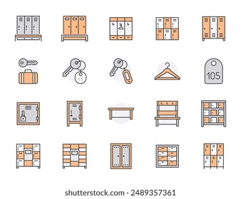 Locker room flat line icons set. Gym, school lockers, automatic left-luggage office, key tag vector illustrations. Outline pictogram personal belongings storage. Orange color. Editable Strokes