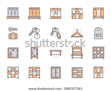 Locker room flat line icons set. Gym, school lockers, automatic left-luggage office, key tag vector illustrations. Outline pictogram personal belongings storage. Orange color. Editable Strokes