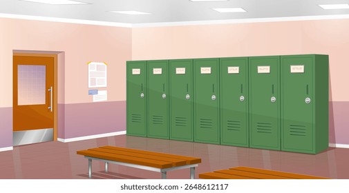 Locker room. Green closets and brown benches. Modern premises in school. Athletic room in gym. Active lifestyle and sports, training. Cartoon vector illustration