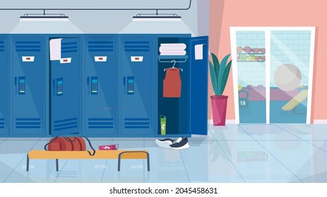 Locker room at gym interior concept in flat cartoon design. Room with cupboards for storing sportswear and shoes, bag on bench. Healthy lifestyle, fitness. Vector illustration horizontal background