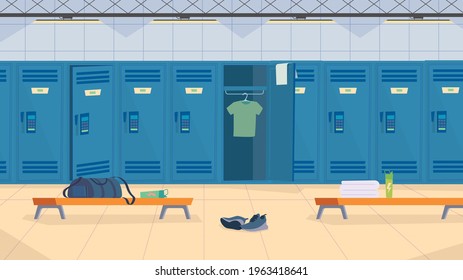 Locker room interior, banner in flat cartoon design. Sports center row of lockers for storing clothes, benches, uniforms. Healthy lifestyle, fitness concept. Vector illustration of web background