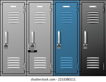 Locker room metal cabinets, row of school or gym lockers, blue and grey luggage storage, vector