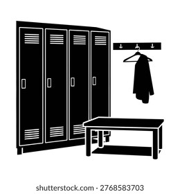 A locker room scene with tall lockers, a bench, and coats hanging on hooks and racks beside a simple table.