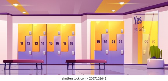 Locker room, school or gym dressing empty area with metal cabinets. Row of closed doors, key holes in college hallway with benches. Storage space for changing clothes, Cartoon vector illustration