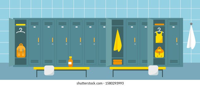 Locker room in sport center or swimming pool.  Dressing place in fitness club or gym. Flat vector illustration.