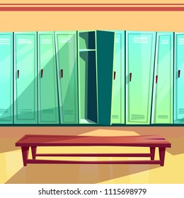 Locker room vector illustration of seamless gym or school sport changing room. Cartoon background of blue row of lockers with wooden bench for parallax or computer games pattern template