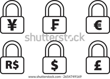 locker safe padlock dollar swiss franc yen yuan sterling pound euro real icon vector image