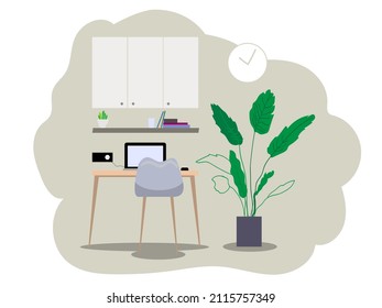 Locker, table, chair, laptop, flower in the interior