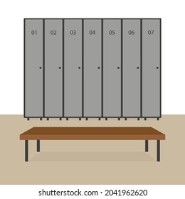 Lockers and bench in dressing room on white background