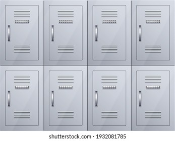 Lockers cabinets at railway station or airport. Row luggage lockers with combination lock. Vector Illustration isolated on white background.