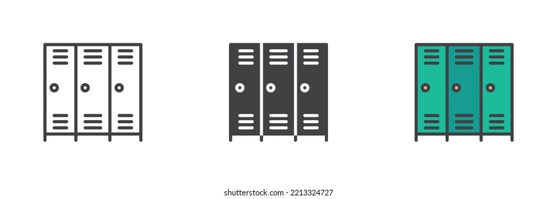 Bloquea el conjunto de iconos de estilos diferentes. Línea, glifo y contorno relleno versión colorida, contorno y signo vectorial relleno. Símbolo, ilustración del logotipo. Gráficos vectoriales