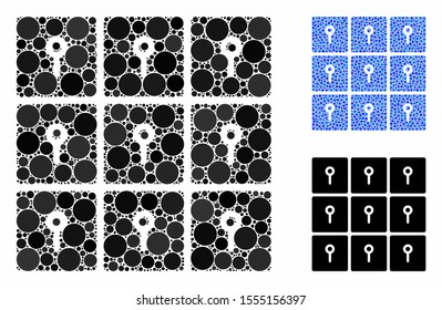 Lockers mosaic of circle elements in variable sizes and shades, based on lockers icon. Vector circle elements are grouped into blue collage. Dotted lockers icon in usual and blue versions.