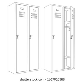 Lockers with one open and closed door. Outline drawing. Vector illustration isolated on white background