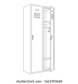 Lockers with one open door. Outline drawing. Vector illustration isolated on white background