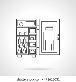 Lockers, safes and storage. Open armor box with rifle. Weapon accessories and equipment. Flat line style icon