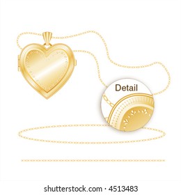 Locket, engraved heart shape antique gold jewelry, chains, isolated on white background. Copy space to add your inscription to this old fashioned vintage keepsake necklace. EPS8 compatible.