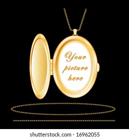 Locket, engraved oval antique gold jewelry, chains, isolated on black background. Copy space to add your inscription to this old fashioned vintage keepsake necklace. EPS8 compatible.