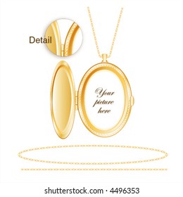 Locket, engraved oval antique gold jewelry, chains, isolated on white background. Copy space to add your inscription to this old fashioned vintage keepsake necklace. EPS8 compatible.