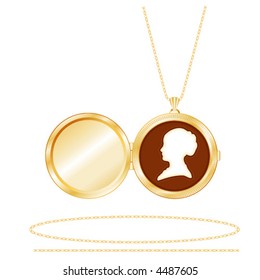 Locket, Ivory Cameo, vintage female portrait silhouette in engraved antique gold necklace, chains. Copy space to add picture or inscription to this old fashioned keepsake accessory. EPS8 compatible.