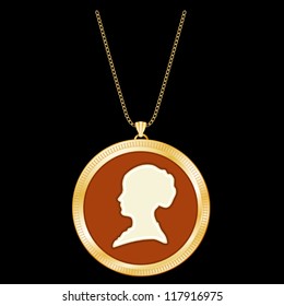 Locket Jewelry, Ivory Cameo, vintage female portrait silhouette in engraved antique gold necklace keepsake with gold chain. EPS8 compatible.
