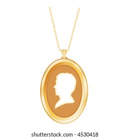 Locket Jewelry, Ivory Cameo, vintage gentleman portrait silhouette in engraved oval antique gold necklace, chains. EPS8 compatible.