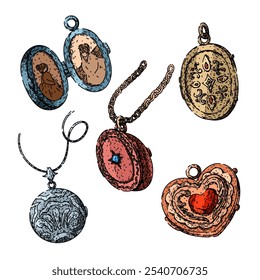 locket set hand drawn. antique jewelry, charm necklace, retro classic locket vector sketch. isolated color illustration