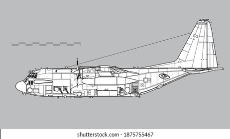 Lockheed AC-130H Spectre. Vector drawing of close air support gunship. Side view. Image for illustration and infographics. 