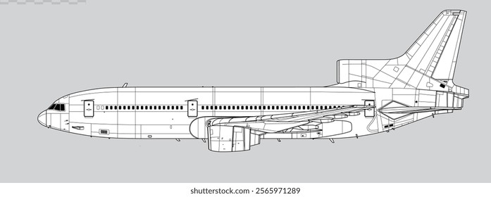 Lockheed L-1011-500 TriStar. Vector drawing of wide body, passenger jetliner. Side view. Image for illustration and infographics.