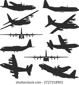 Lockheed Martin C-130 Hércules Silueta, Transporte Militar Aeronave Vector Siluetas Conjunto de Colección