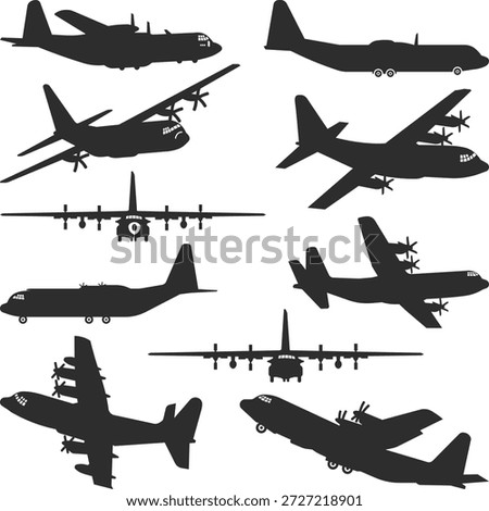 Lockheed Martin C-130 Hercules Silhouette, Military Transport Aircraft Vector Silhouettes Collection Set