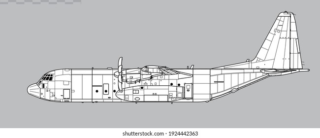 Lockheed Martin C-130J-30 Super Hercules. Vector drawing of military transport aircraft. Side view. Image for illustration and infographics.