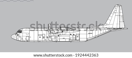 Lockheed Martin C-130J-30 Super Hercules. Vector drawing of military transport aircraft. Side view. Image for illustration and infographics.