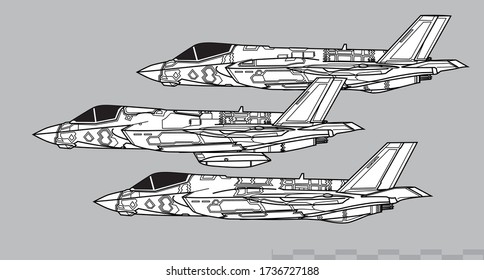 Dibujo vectorial de aeronaves militares modernas. Vista lateral. Imagen para ilustraciones e infografías.