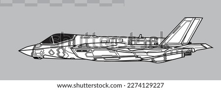 Lockheed Martin F-35A Lightning II. Vector drawing of stealth multirole fighter. Side view. Image for illustration and infographics.