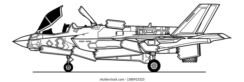 Lockheed Martin F-35B Lightning II. Takeoff configuration. Outline vector drawing