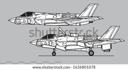 Lockheed Martin F-35B Lightning II. Vector drawing of modern military aircraft. Side view. Image for illustration.
