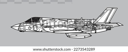 Lockheed Martin F-35B Lightning II. Vector drawing of VSTOL stealth multirole fighter. Side view. Image for illustration and infographics.