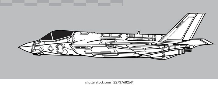 Lockheed Martin F-35C Lightning II. Vector drawing of carrier based stealth multirole fighter. Side view. Image for illustration and infographics.