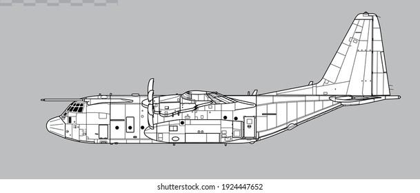 Lockheed Martin Hercules C5, C-130J. Vector drawing of military transport aircraft. Side view. Image for illustration and infographics.