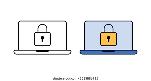 Locking laptop icon shows cybersecurity protection with a padlock on a laptop screen, available in outline and color styles.