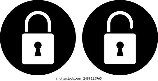 Locking and unlocking icon privacy symbol set in black and white colour in simple style. Lock and unlock lock set. Collection of padlock icon. Black locked and unlocked icon.