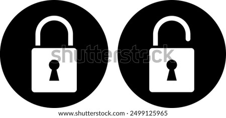 Locking and unlocking icon privacy symbol set in black and white colour in simple style. Lock and unlock lock set. Collection of padlock icon. Black locked and unlocked icon.