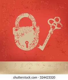 Lock,key design on red background, grunge vector