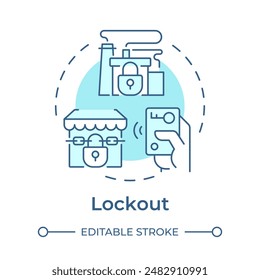 Icono de concepto de bloqueo azul suave. Paro laboral, producción industrial. Acceso denegado. Ilustración de línea de forma redonda. Abstractas idea. Diseño gráfico. Fácil de usar en infografía, presentación